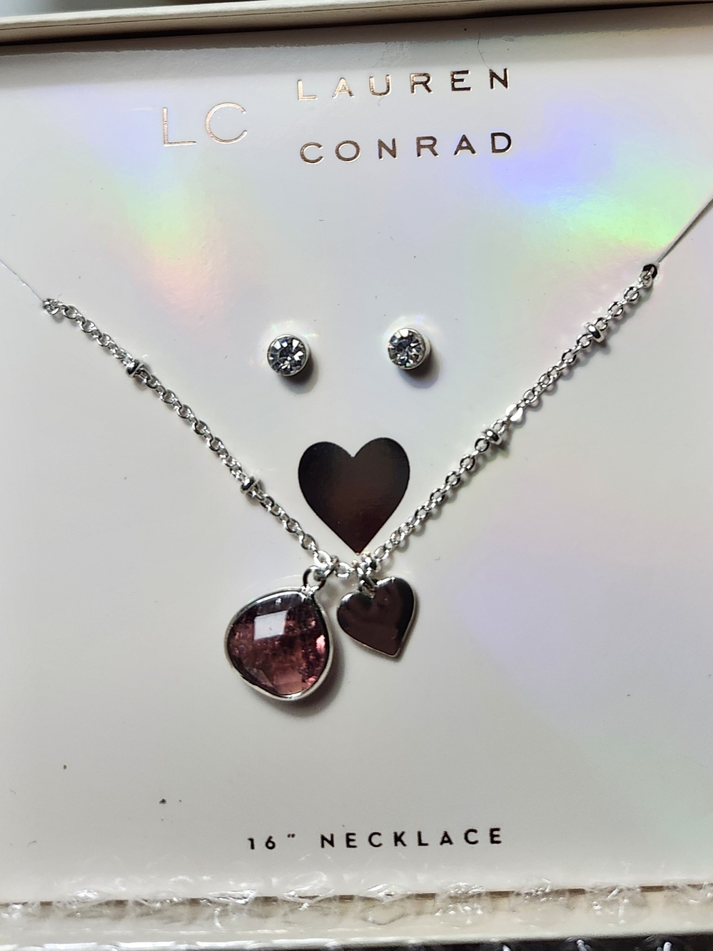 LC Lauren Conrad Silver-Tone Necklace and Stud Earring Set with Pink Gem Heart